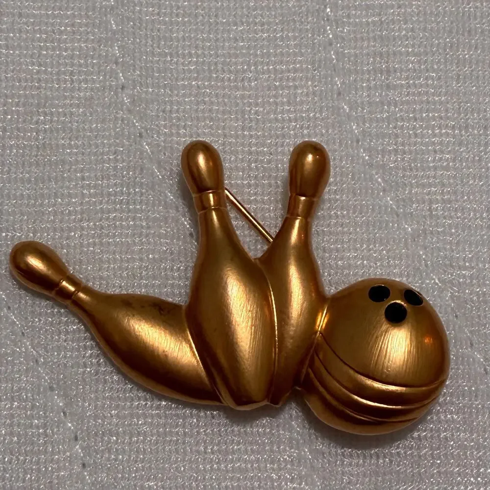 Vintage Avon Bowling Ball Pins Brooch Gold Tone Novelty Bowling Pin Signed